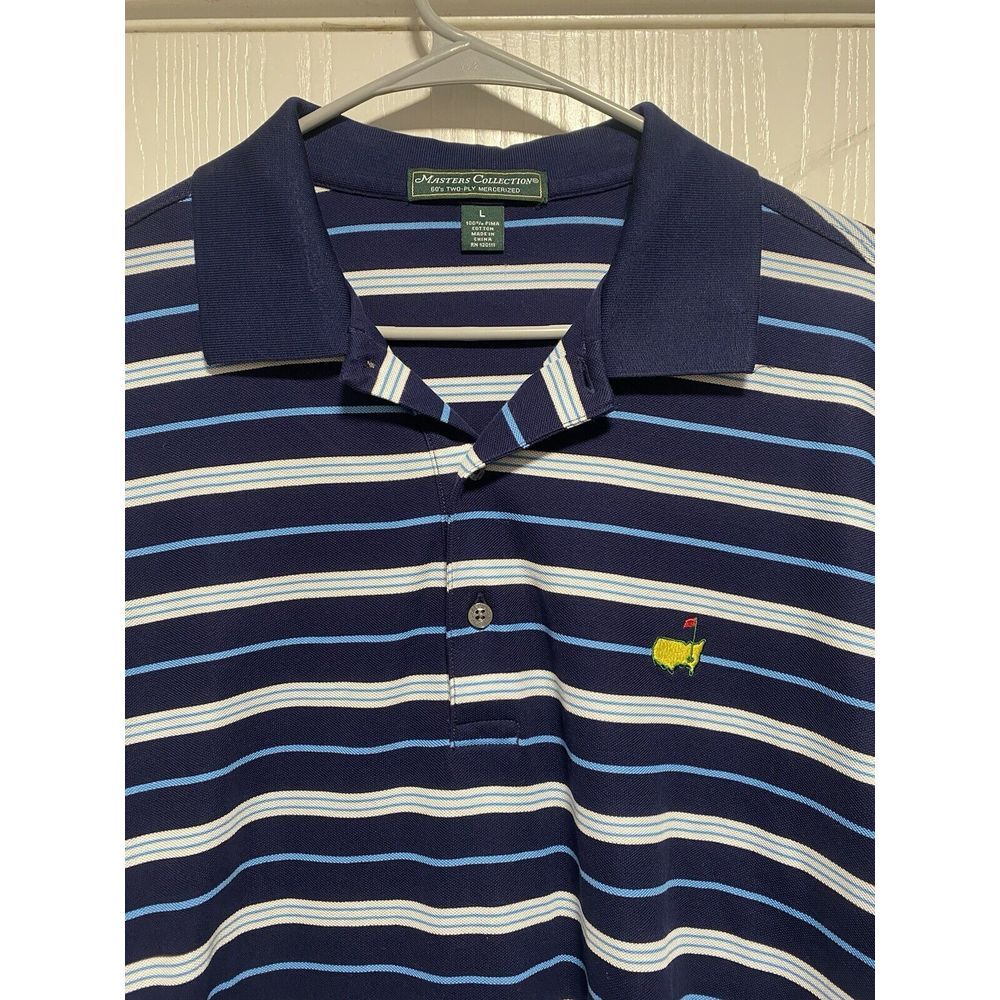 Masters Collection Short Sleeve‎ Polo Shirt golf Blue & White Stripe Mens Large